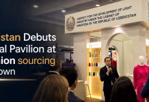 Uzbekistan Debuts National Pavilion at allfashion sourcing Cape Town Uzbekistan national pavilion at allfashion sourcing Cape Town, featuring the country’s textile industry booth and exhibition presentation.