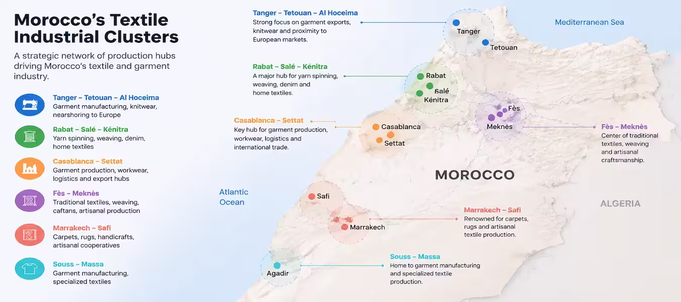 Map showing Morocco textile industrial clusters and key production regions