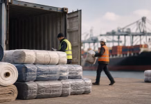 Turkish Textile Exports Reach $4.7 Billion in H1 2026 Despite Global Challenges Textile rolls and packaged fabrics being prepared for export by workers at a cargo port
