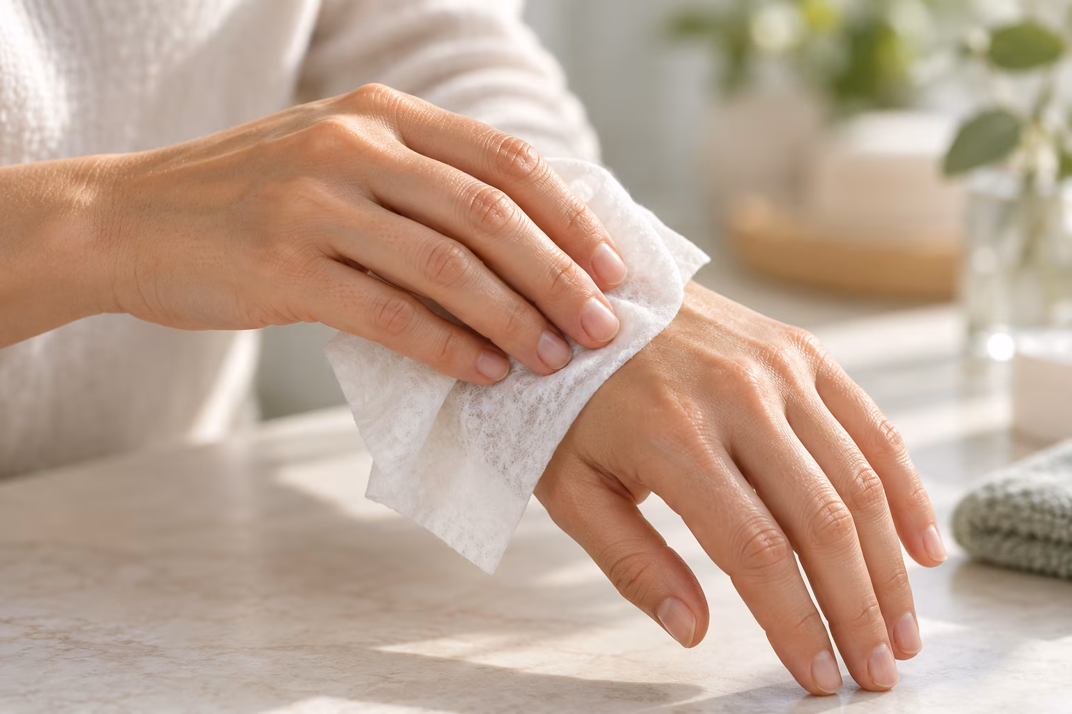 Close-up of a woman cleaning the back of her hand with a soft white nonwoven wet wipe.