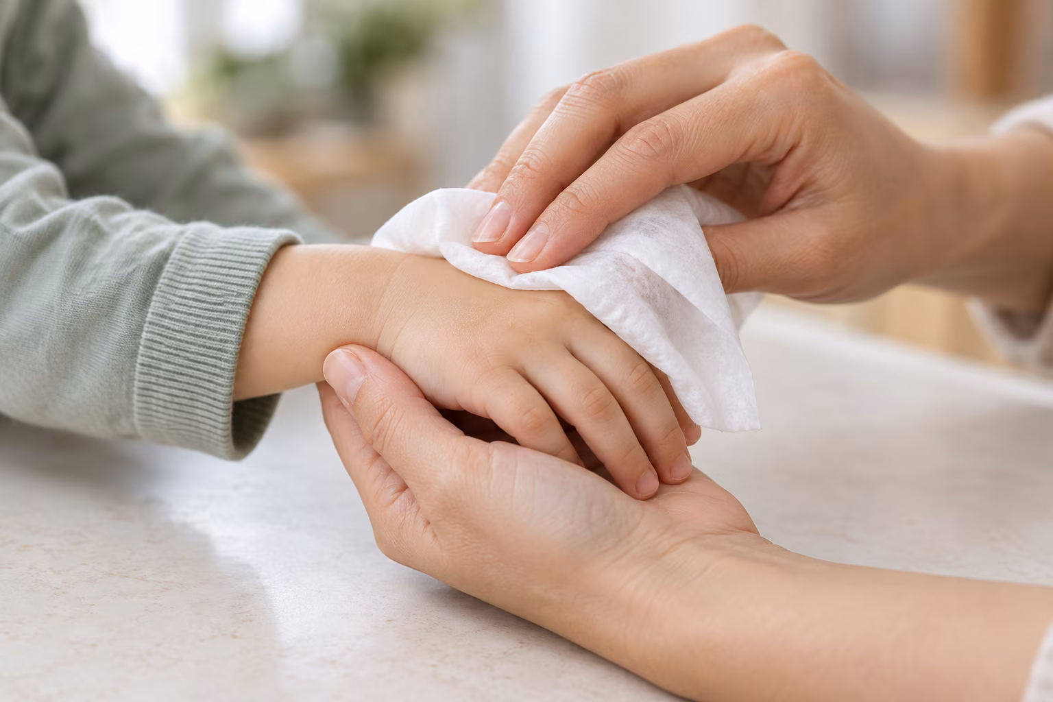 Close-up of a mother gently cleaning her child’s hand with a soft nonwoven wet wipe.