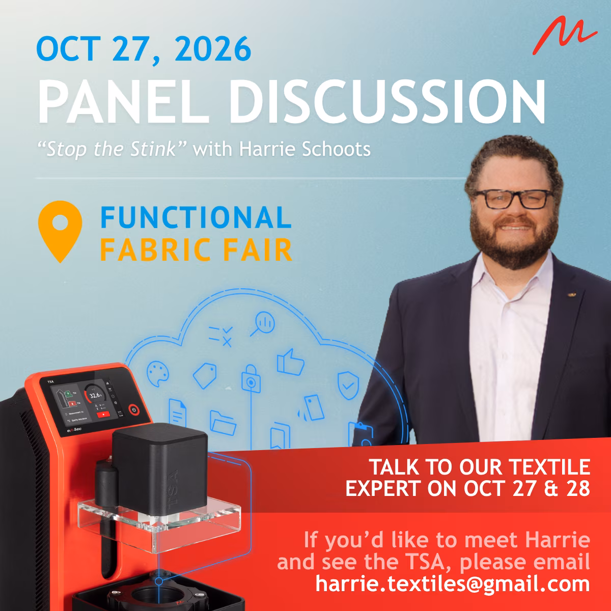 emtec TSA Tactile Sensation Analyzer for objective fabric hand feel measurement at Functional Fabric Fair 2026