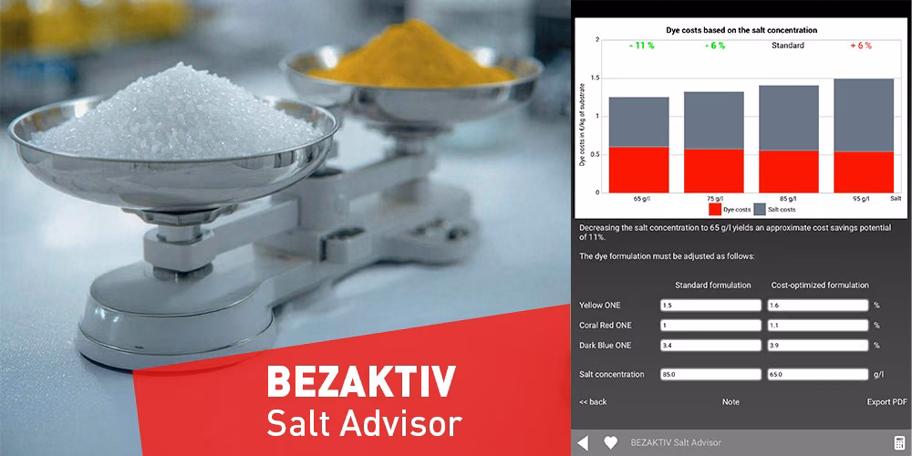 BEZAKTIV Salt Advisor digital tool for optimizing salt concentration and recipe costs in reactive cotton dyeing