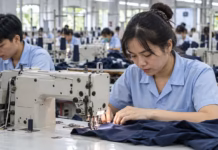 Vietnam Textile Exports Reach $32 Billion as Green and Digital Investment Accelerates Workers operating industrial sewing machines in a Vietnamese garment factory.